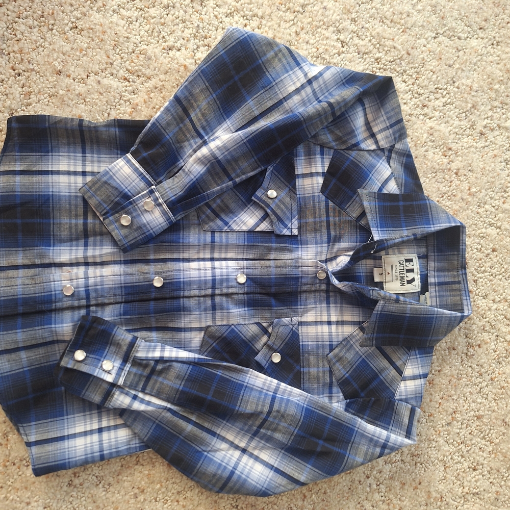 Ely Cattleman Blue and White Plaid Button-Down Shirt